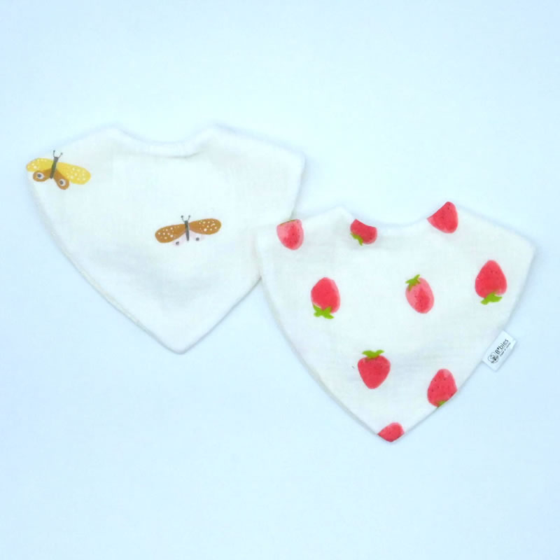 Lot de 2 bavoirs bandanas, idéal salive poussée dentaire - Gaze de coton et bambou - Fraises / papillons – Image 3