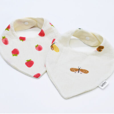 Lot de 2 bavoirs bandanas, idéal salive poussée dentaire – Gaze de coton et bambou – Fraises / papillons