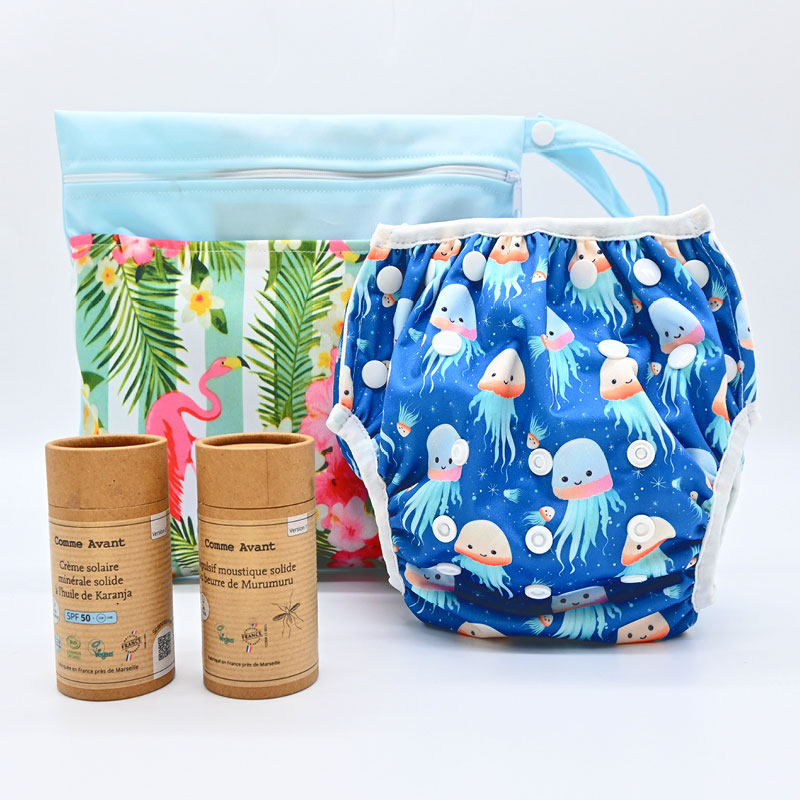 Kit vacances été : couche de bain + solaire SPF50 +Anti-Moustique + pochette